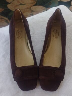 Talbots Dark Brown Suede Square-Toe Pumps with Button Accent